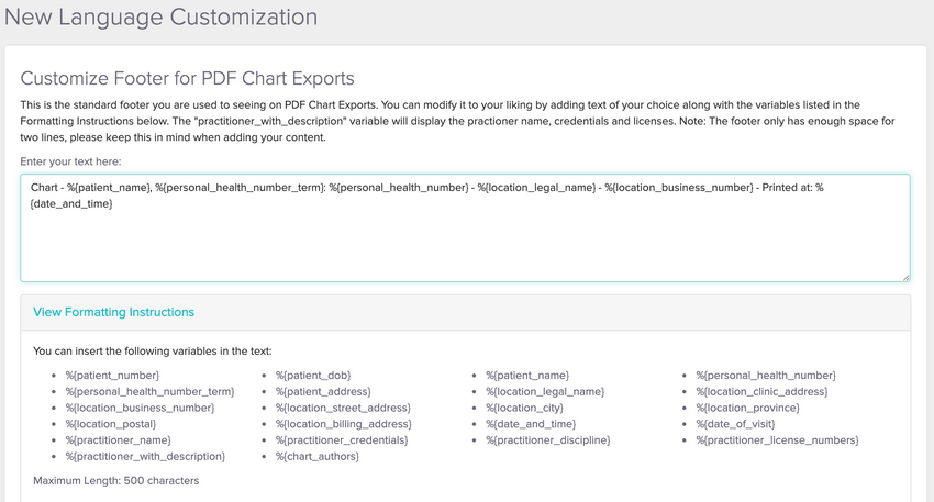 The Customize Footer for PDF Chart Exports text field with the list of available variables