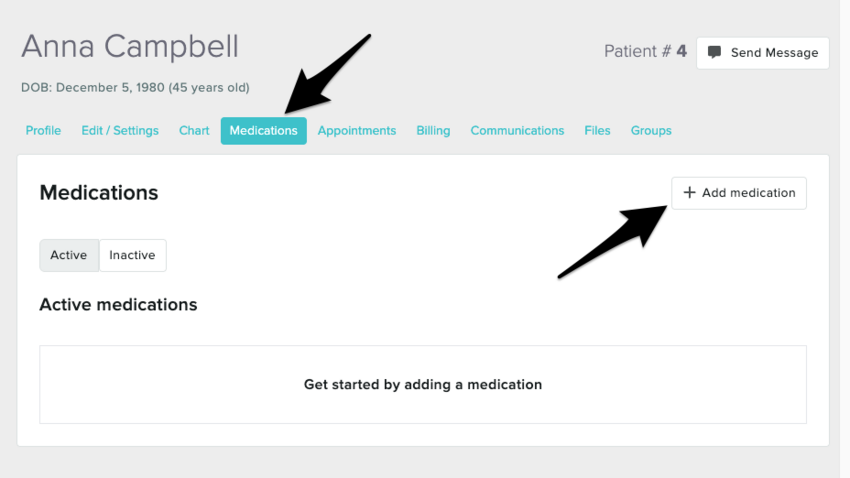 The patient's Medication tab with an arrow pointing to the Add medication button