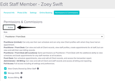 An image of the Permissions & Commissions tab within the staff profile and the Active checkbox deselected