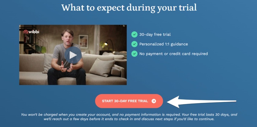 The Wibbi free trial page with the Start 30-Day Free Trial button.