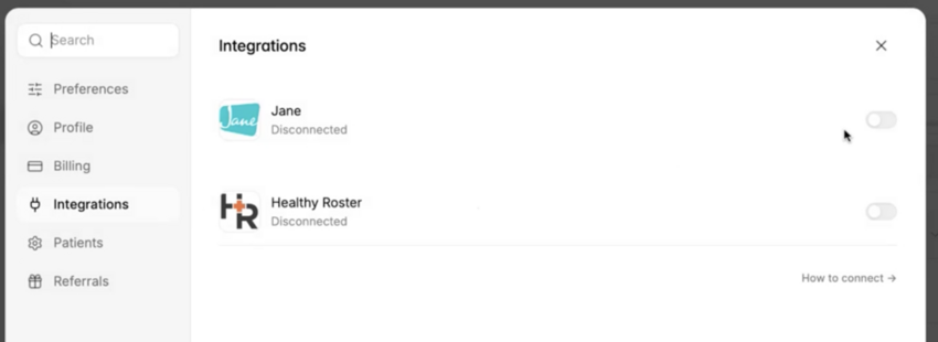 Prehab's integrations page with the Jane logo and toggle to enable the integration