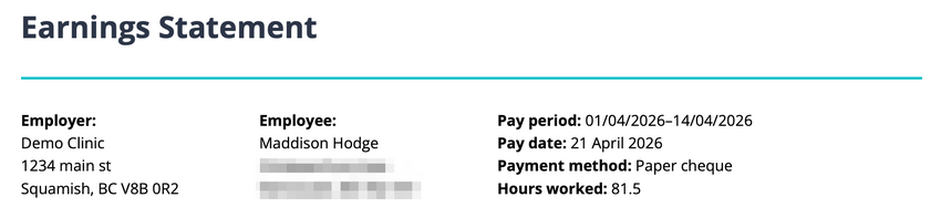 The top section of an employee pay stub showing clinic information, personal information, pay period, payment method, and hours worked