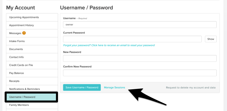 An image of navigational steps and where to view and click on the Manage Sessions text