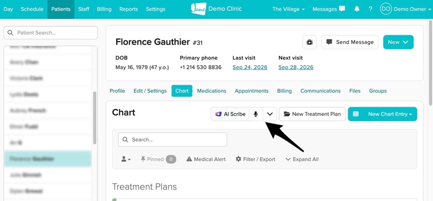 The patient's Chart tab showing the microphone icon and the arrow for choosing a different microphone or uploading a file