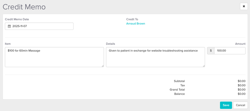 A screenshot of sample language in each of the fields when creating a credit memo