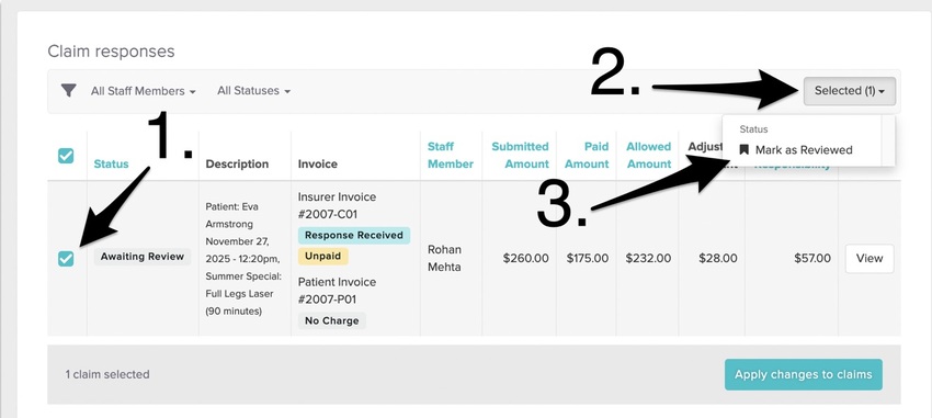 A selected claim response with the Mark as reviewed option selected