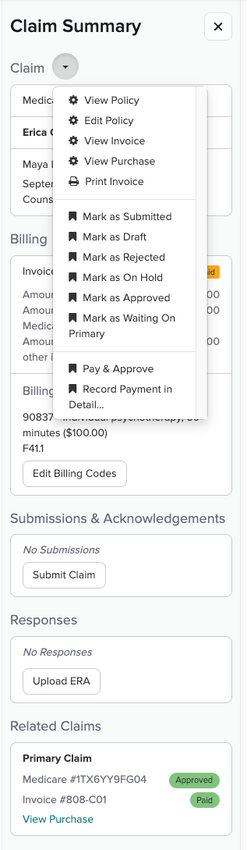The Claim drop-down menu in the Claim Summary panel, showing view, edit, print, Mark as, and payment options