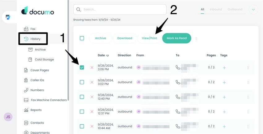 The Documo History list with a fax selected and the View/Print button visible