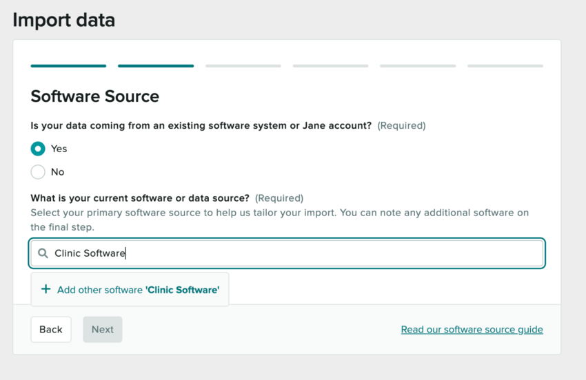 The software source page with a current software name entered