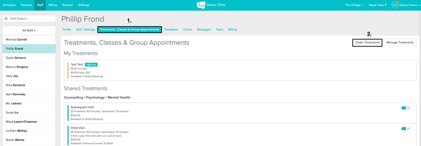 screenshot of when you click on a staff member's profile > treatments,classes and group appointments > order treatents