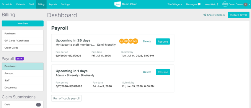 The payroll submission dashboard showing the Prepare Payroll button in the top right corner