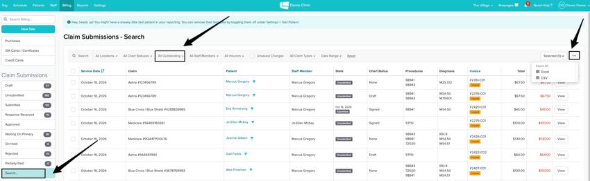 The Claim Submissions Search page in Billing, with arrows pointing to Search... in the Claim Submissions sidebar, the All Outstanding filter, and the three dots icon open to the Export All menu with Excel and CSV options.