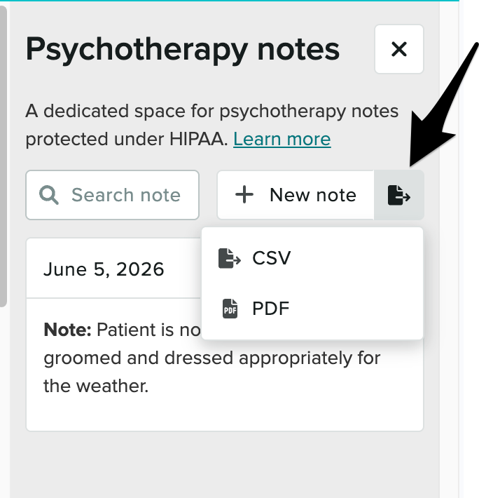the export icon in a client's psychotherapy notes tab