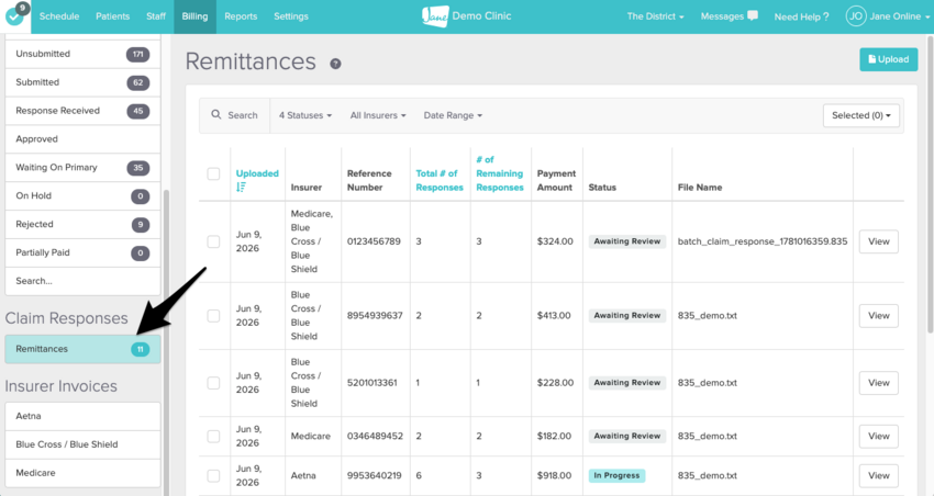 The remittance folder in the Billing menu
