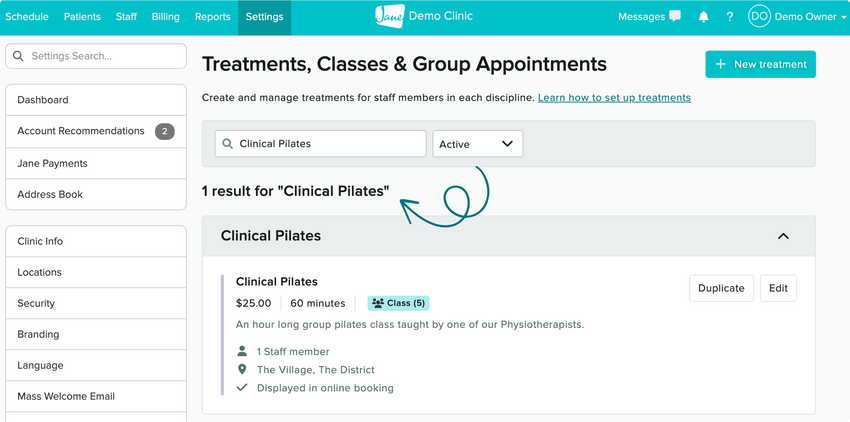 list of treatments being filtered by a search