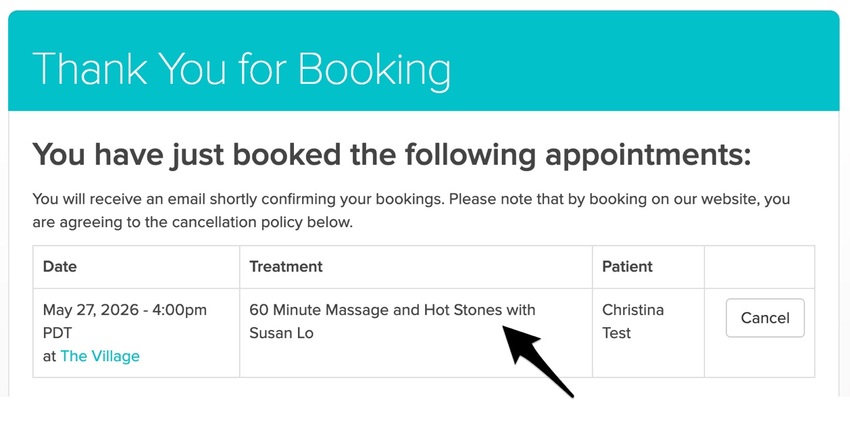 Thank you for booking screen showing add-on details