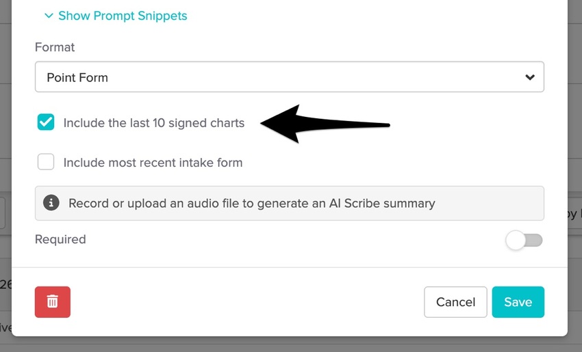A checkbox underneath the Format drop-down labelled Include the last 10 signed charts