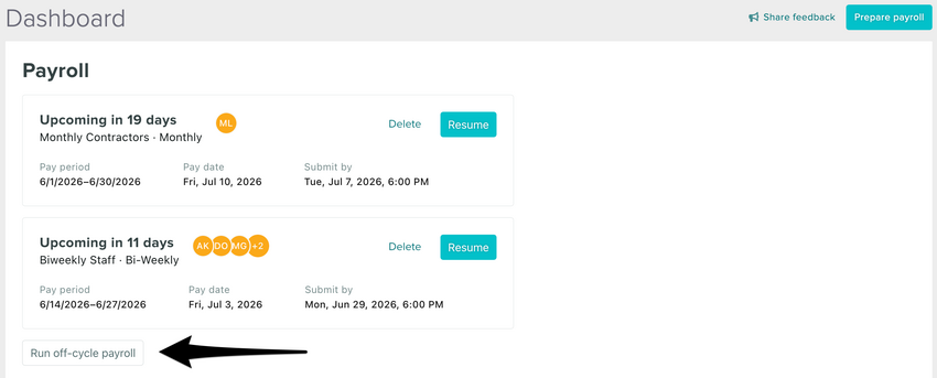 The Dashboard showing the Run Off-Cycle Payroll button