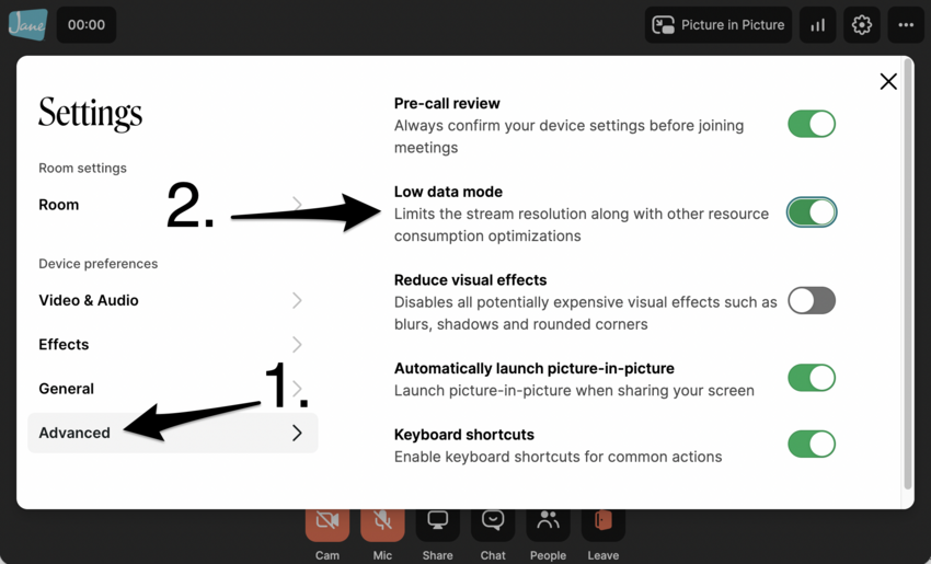 the advanced settings menu