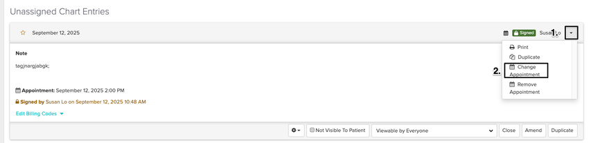 An image of the navigational steps to change the appointment date on a signed chart entry