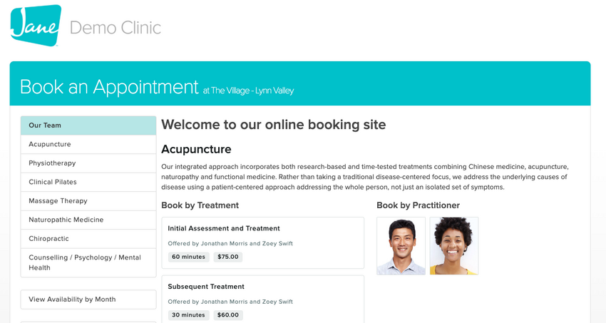 An image of the online booking site and where the disciplines appear on the left side
