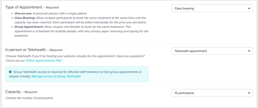The New Treatment form showing the Class type selected with the Telehealth and Capacity drop-down menus