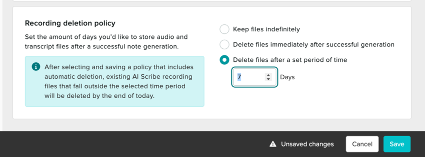 The Recording Deletion Policy section in AI Scribe settings showing the three available deletion options.