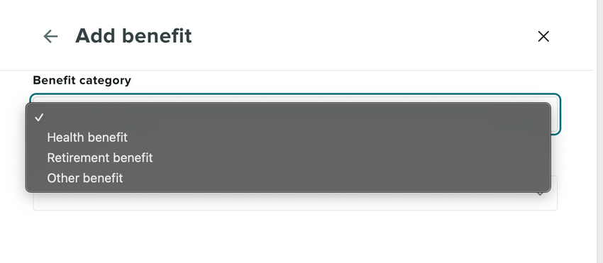 The benefit category dropdown menu options