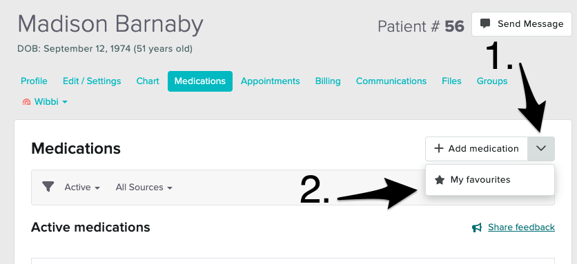 The dropdown menu open next to the Add Medication button, showing the My Favourites option with a star icon.