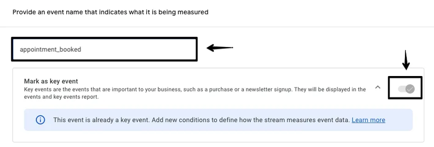 An image of where to enter in the event name and where to turn on the Mark as kkey event toggle
