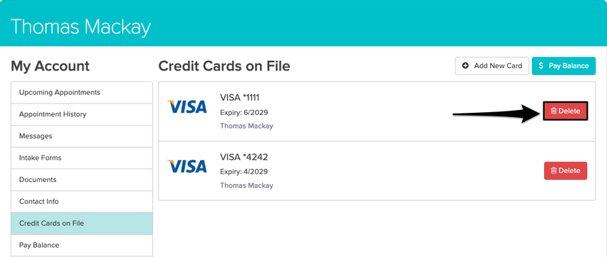 An image what it looks like for patients deleting their own credit cards from their profile