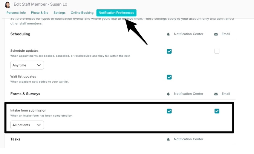The notification preferences tab with an arrow pointing to the intake form checkbox