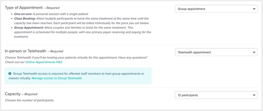 The New Treatment form showing the Group Appointment type selected with the Telehealth and Capacity drop-down menus