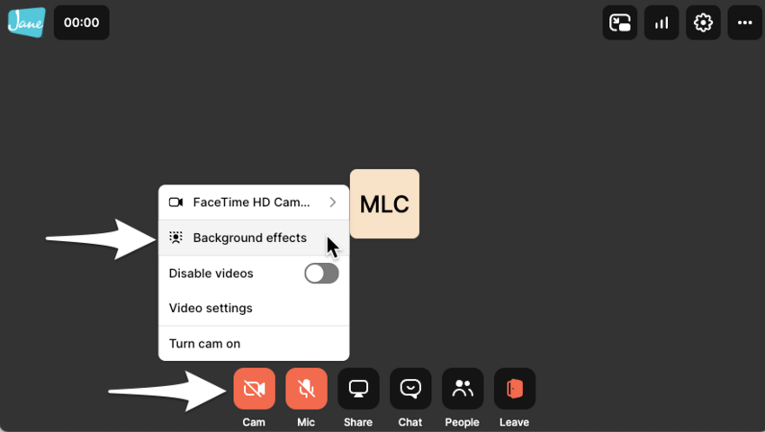 The Telehealth call toolbar showing the camera icon with the Background Effects option highlighted
