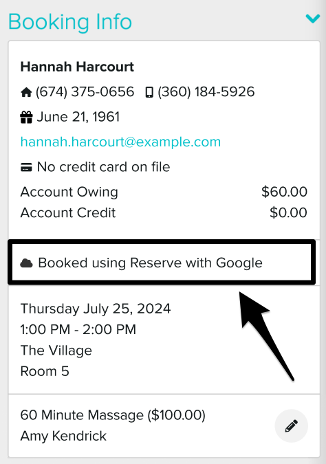 the booked using reserve with google note in the appointment panel