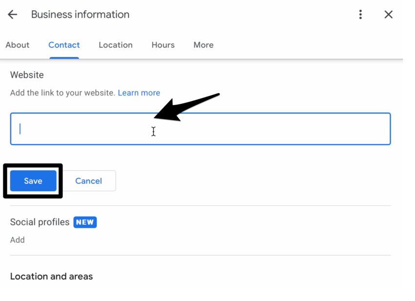 the website field in the business information section