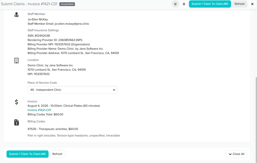The Pre-Submission Checklist for an invoice showing staff, location, invoice, and billing code details, with the Submit 1 Claim To Claim.MD button