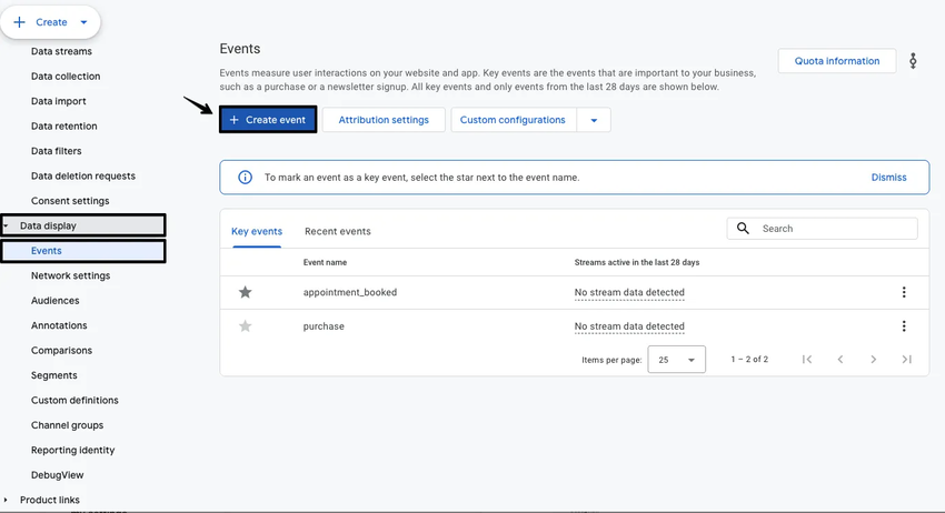 An image of the navigational steps to create an event within the Google Analytics platform