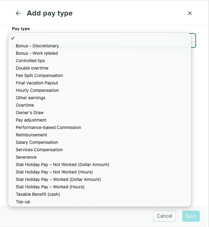 the dropdown menu of pay types
