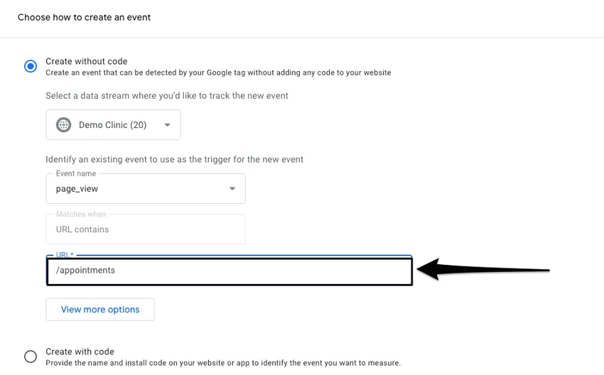 An image of where to enter the /appointments value