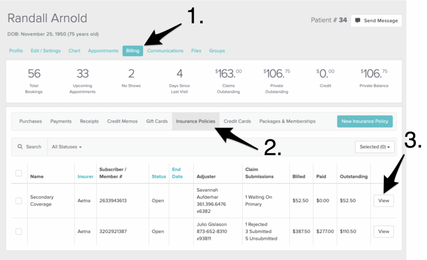 The Insurance Policies tab showing a saved policy with a View button