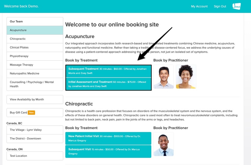 screenshot of the online booking treatment order