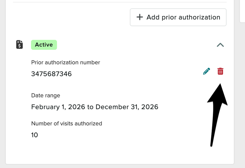A prior authorization with the trash can icon next to it