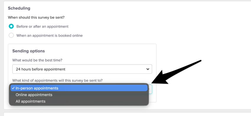 the survey creation screen with the Scheduling section shown