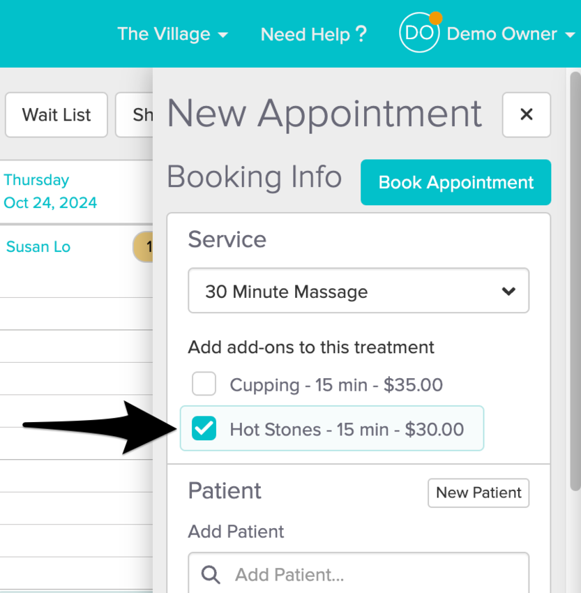 New Appointment panel showing the Add add-ons to this treatment section with checkboxes, add-on names, lengths, and costs