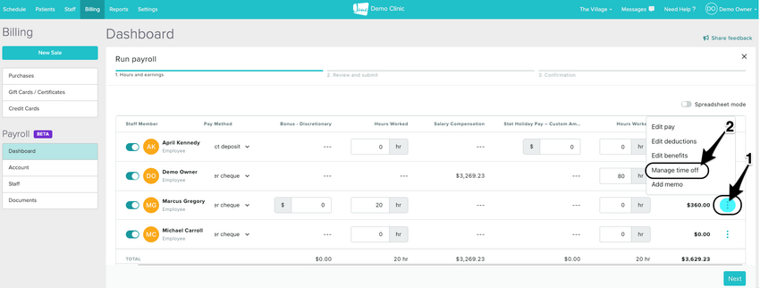 The Manage Time Off option visible in the three vertical dots menu for a staff member