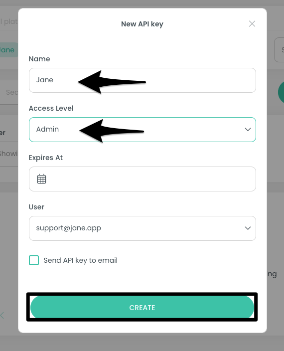 The Documo API key creation form with name and access level fields