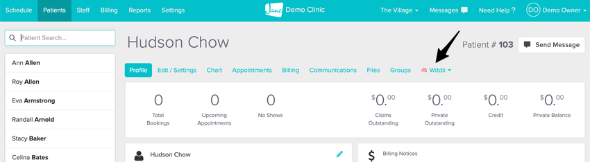 A patient's profile in Jane with the Wibbi link visible.
