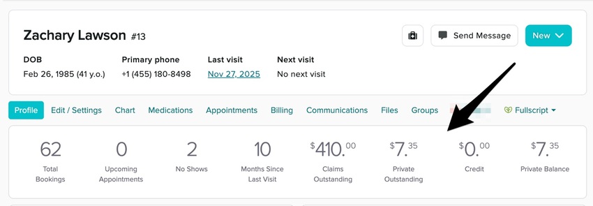 the patient profile dashboard showing appointment and billing metrics