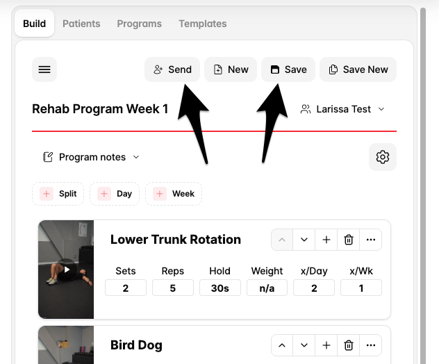 the save and send buttons in the build area to the right